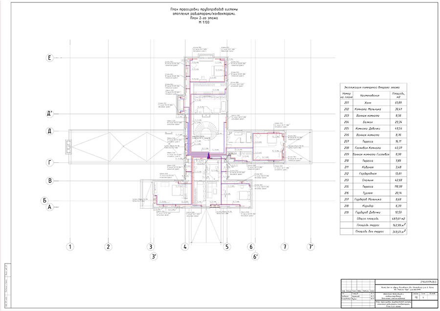 Пример проекта отопления частного дома 1200 м2 - трассировка 2-ой этаж